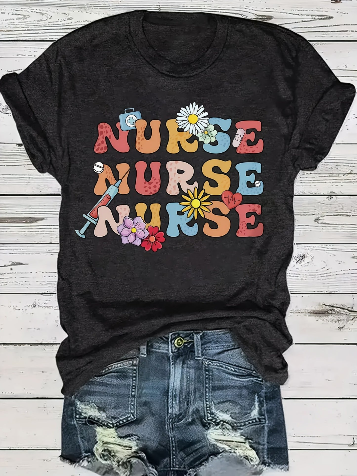 Women'S Nurse-Themed T-Shirt with Letter, Needle, and Flower Print, Short Sleeve Round Neck Casual Top for Spring and Summer, Polyester, Leisure Style, ALL/Global/All