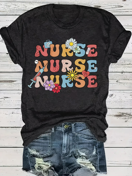 Women'S Nurse-Themed T-Shirt with Letter, Needle, and Flower Print, Short Sleeve Round Neck Casual Top for Spring and Summer, Polyester, Leisure Style, ALL/Global/All