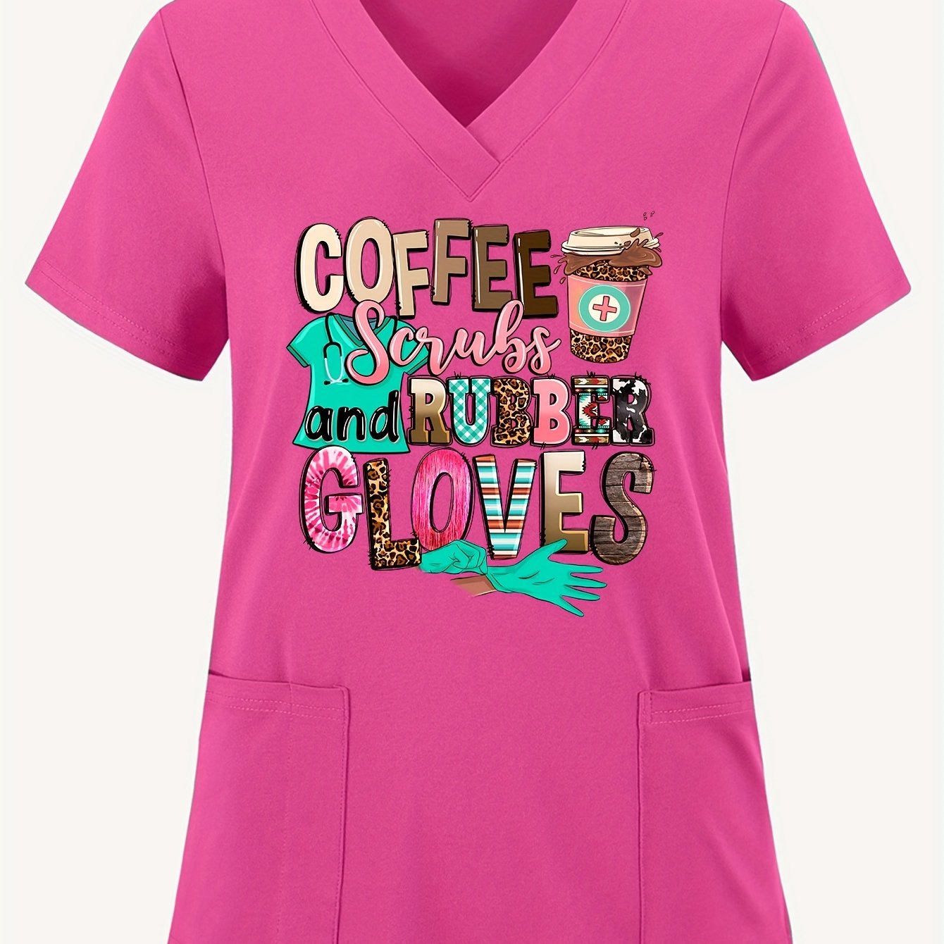 Coffee Letter Print V Neck Scrub Tops with Split, Elegant Patched Pockets Short Sleeve Nurse Uniform, Women's Clothing