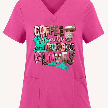 Coffee Letter Print V Neck Scrub Tops with Split, Elegant Patched Pockets Short Sleeve Nurse Uniform, Women's Clothing