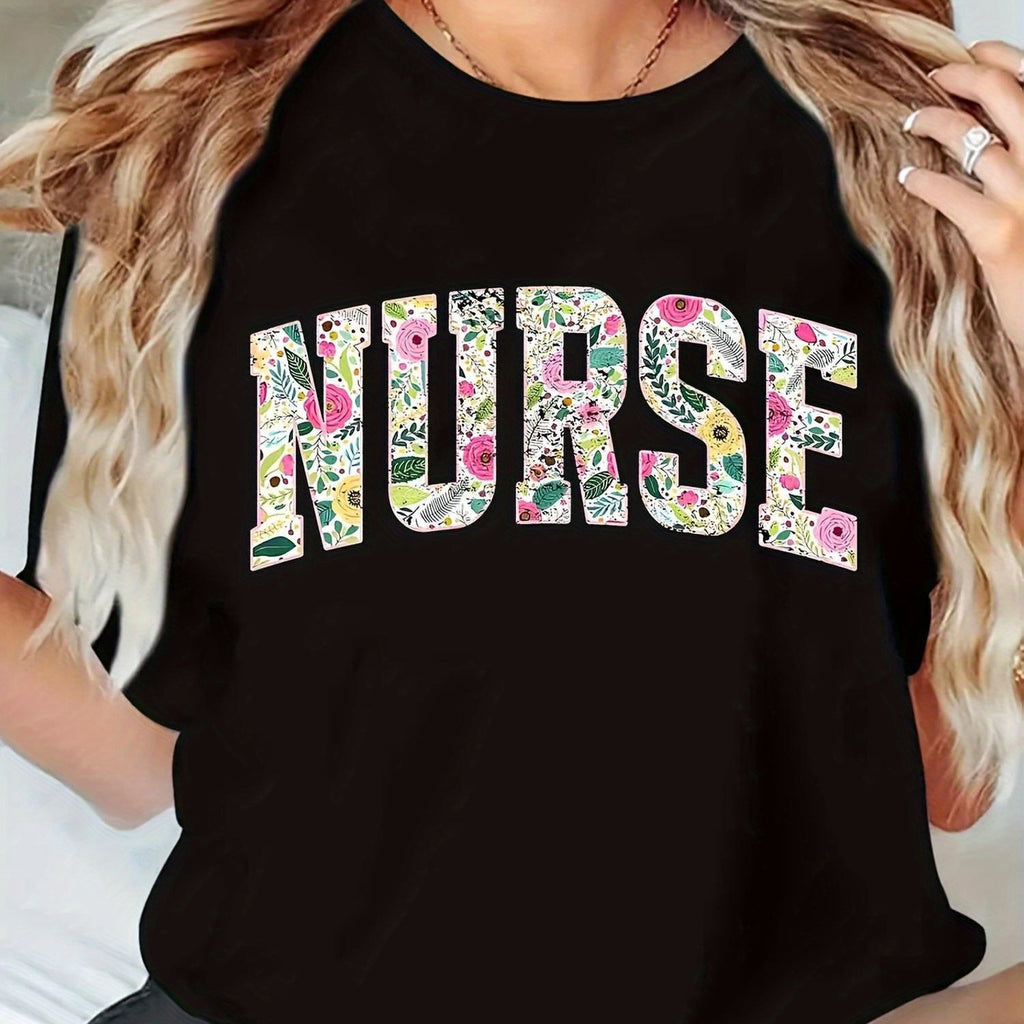 Floral 'NURSE' Print Women's Casual T-Shirt - Soft Short Sleeve Round Neck, Lightweight Breathable Fabric - Vibrant Floral Letter Design for Nurse Appreciation Week & Casual Attire, Nurse Gifts
