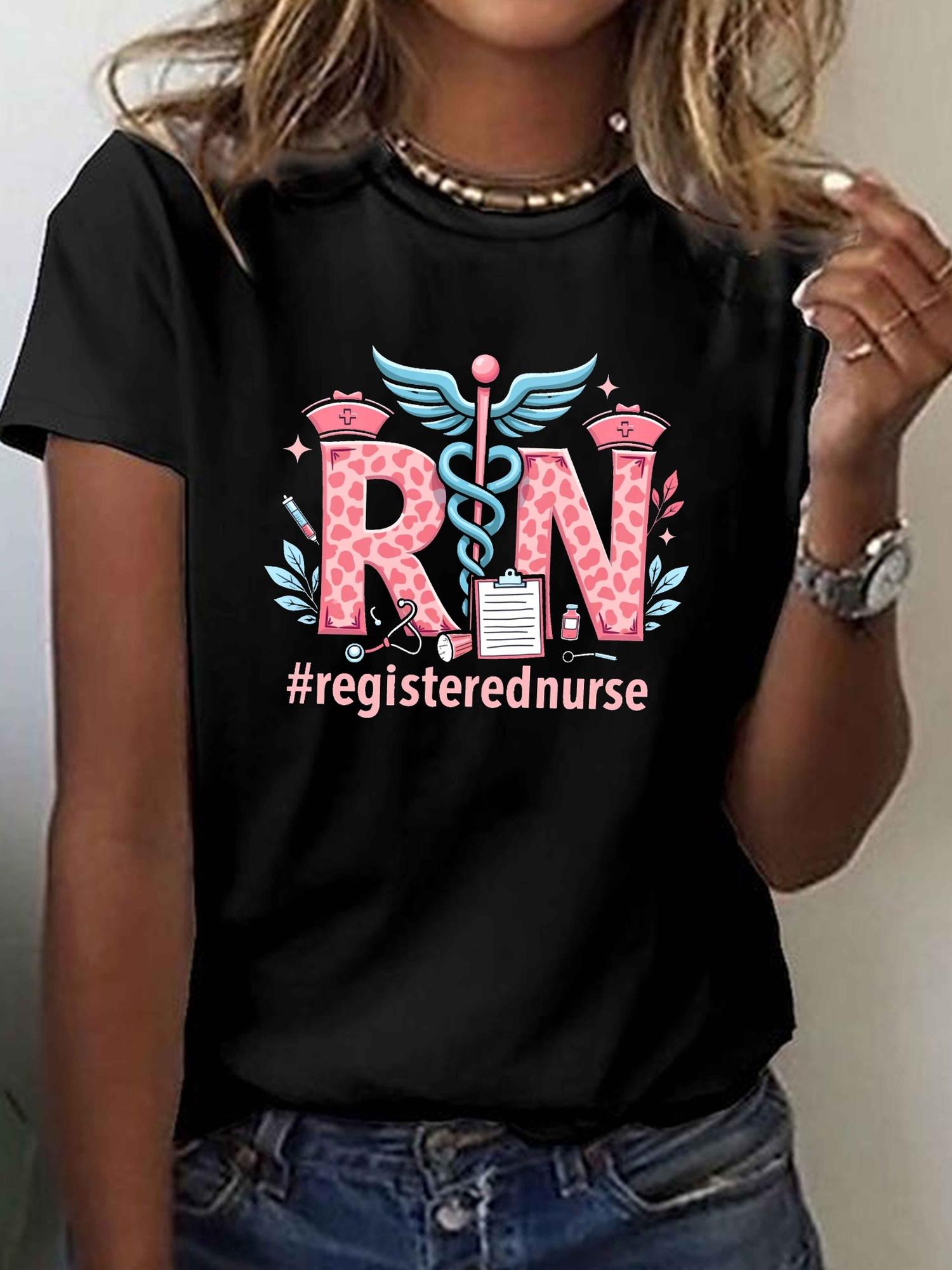 Lightweight Design, Women'S Registered Nurse (RN) Graphic T-Shirt - Green Short Sleeve Crew Neck Top with Nursing Icons, Casual Summer & Spring Wear, Machine Washable