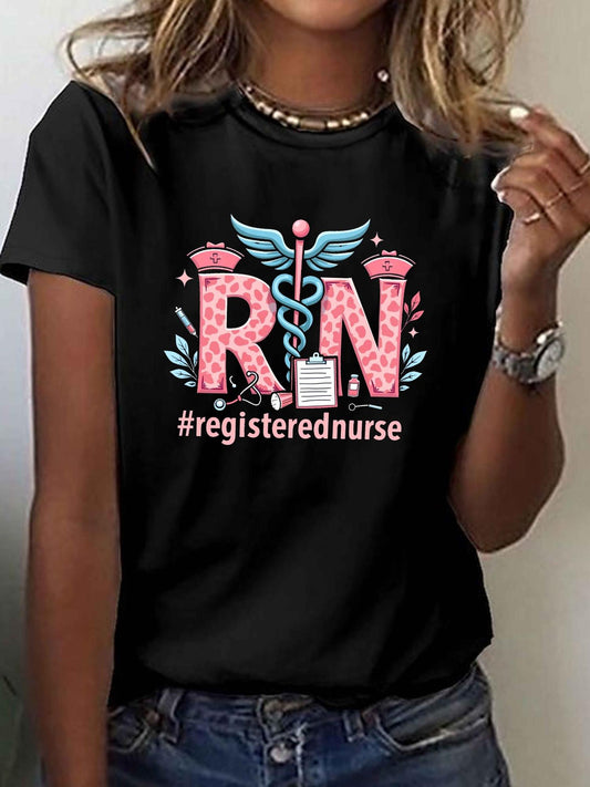 Lightweight Design, Women'S Registered Nurse (RN) Graphic T-Shirt - Green Short Sleeve Crew Neck Top with Nursing Icons, Casual Summer & Spring Wear, Machine Washable