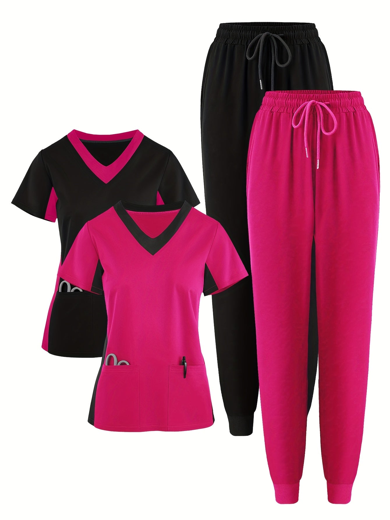 (4pcs Set)Scrubs Uniform Women's Jogging Brushed Elastic Sport Nurse Medical Uniform Scrub Top Work Suit Breathable Scrub Set 4pcs