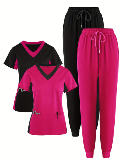 (4pcs Set)Scrubs Uniform Women's Jogging Brushed Elastic Sport Nurse Medical Uniform Scrub Top Work Suit Breathable Scrub Set 4pcs