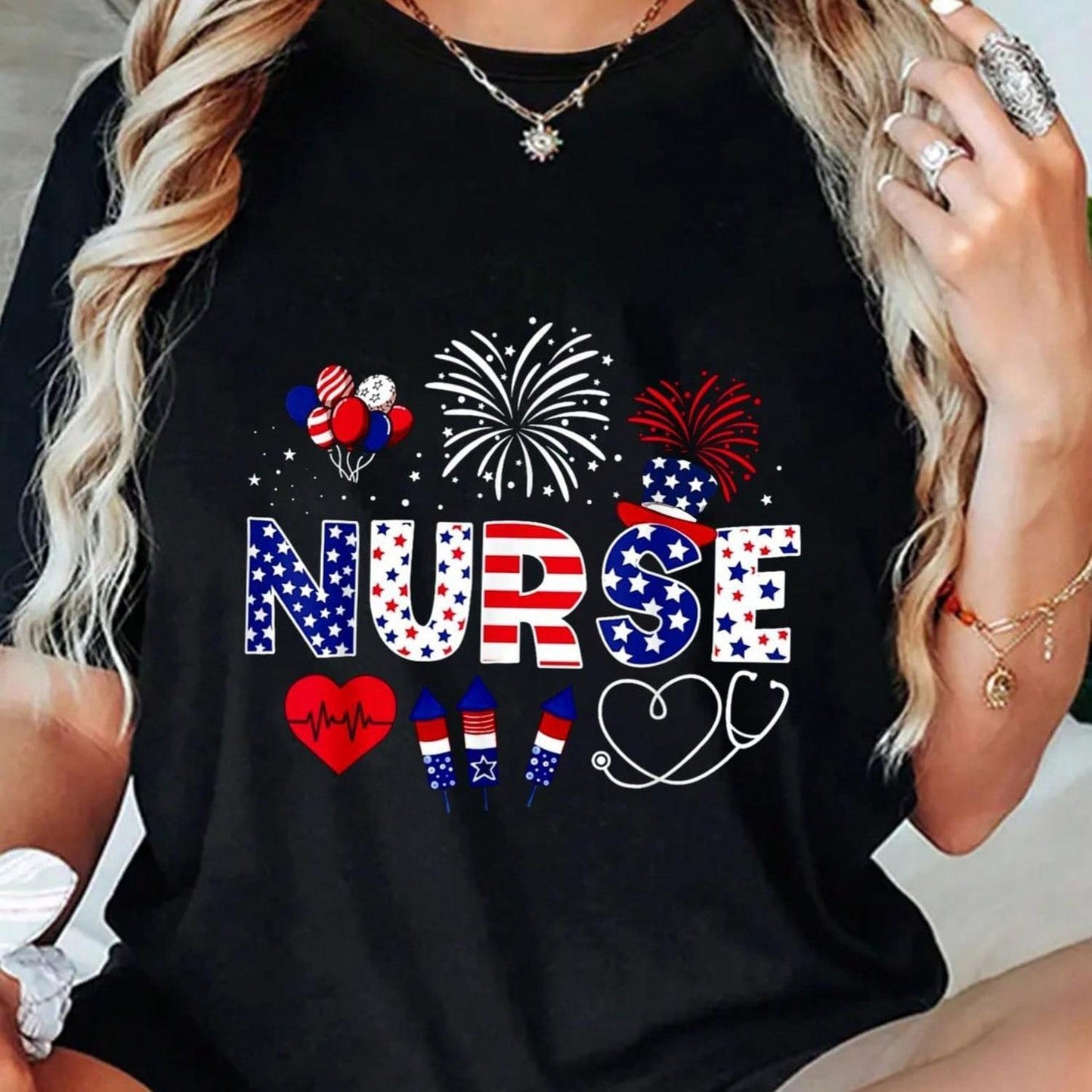 4Th Of July Nurse American Flag Fourth Of July Nurse T-Shirt Women T Shirt, Short Sleeve Round Neck Casual Top For Summer & Spring, Women'S Clothing