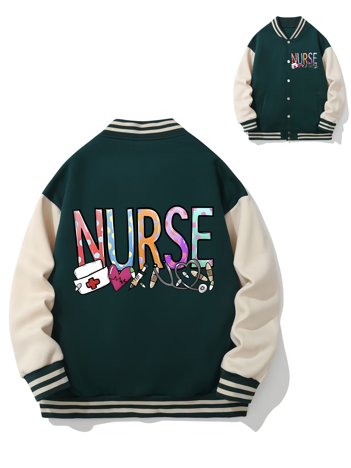 Women's "NURSE" Varsity Jacket - Colorful Lettering & Symbols, Casual Polyester, Button-Up with Striped Collar, Machine Washable