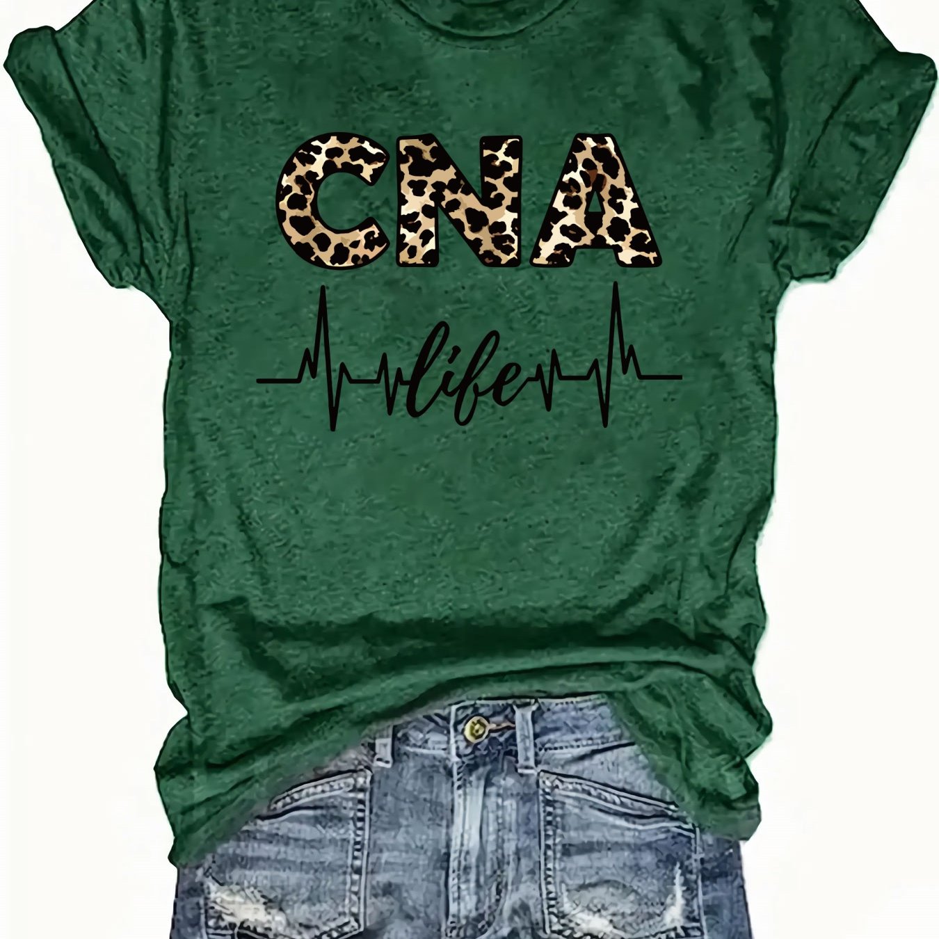 Women'S Casual CNA Graphic Tee - Red Crew Neck T-Shirt with Leopard Print "CNA" Design & Heartbeat Line, All-Season Fashion, Casual Wear|Leopard Print Top|Comfortable Fit, Nurses Shirt