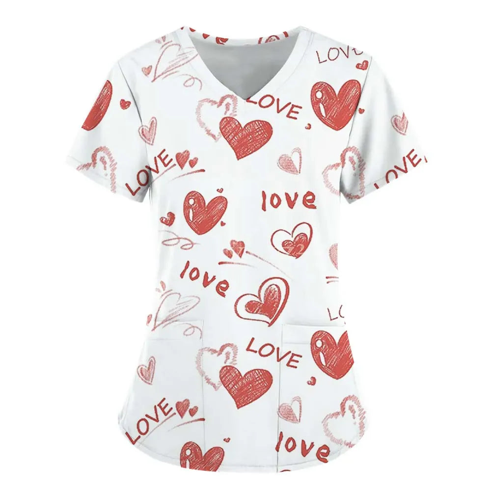 Heart Print V-Neck Stretchy Medical Uniform for Women Casual Short Sleeve Patched Pockets Tops Scrubs Medical Uniforms Woman