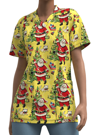 Sanitary Uniform Woman Cute Snowman Prints V-Neck Short Sleeve Pockets in Micro-Elastic Material Tops Clinical Uniforms Woman