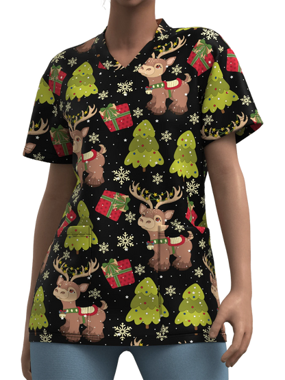 Sanitary Uniform Woman Cute Snowman Prints V-Neck Short Sleeve Pockets in Micro-Elastic Material Tops Clinical Uniforms Woman