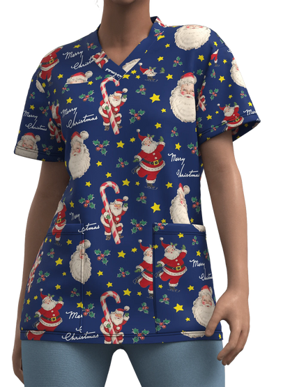 Sanitary Uniform Woman Cute Snowman Prints V-Neck Short Sleeve Pockets in Micro-Elastic Material Tops Clinical Uniforms Woman