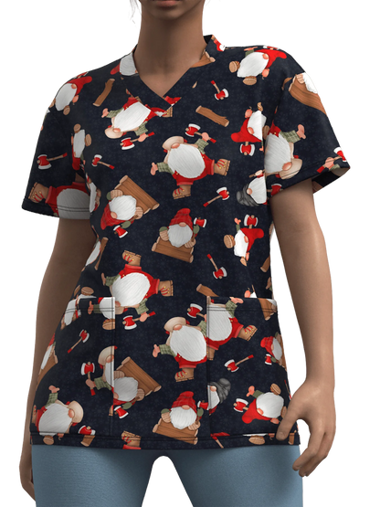 Sanitary Uniform Woman Cute Snowman Prints V-Neck Short Sleeve Pockets in Micro-Elastic Material Tops Clinical Uniforms Woman