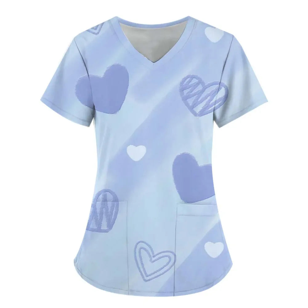 Heart Print V-Neck Stretchy Medical Uniform for Women Casual Short Sleeve Patched Pockets Tops Scrubs Medical Uniforms Woman