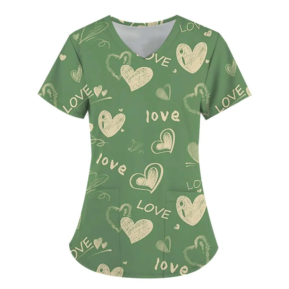 Heart Print V-Neck Stretchy Medical Uniform for Women Casual Short Sleeve Patched Pockets Tops Scrubs Medical Uniforms Woman