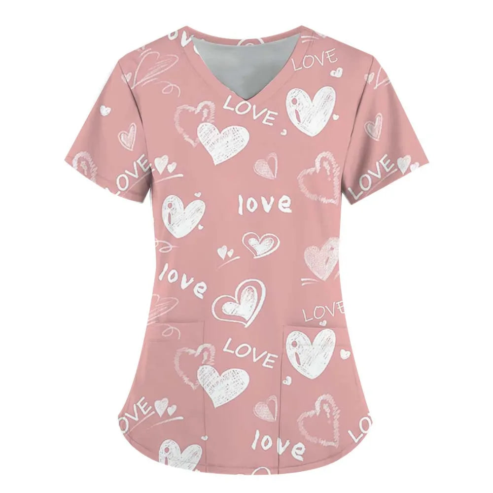 Heart Print V-Neck Stretchy Medical Uniform for Women Casual Short Sleeve Patched Pockets Tops Scrubs Medical Uniforms Woman