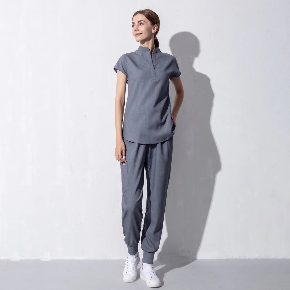High Quality Denim Gray Scrubs Suits Tooth Check Workwear Spa Uniforms Beautician Scrub Work Suit Wholesale Scrubs Women Uniform
