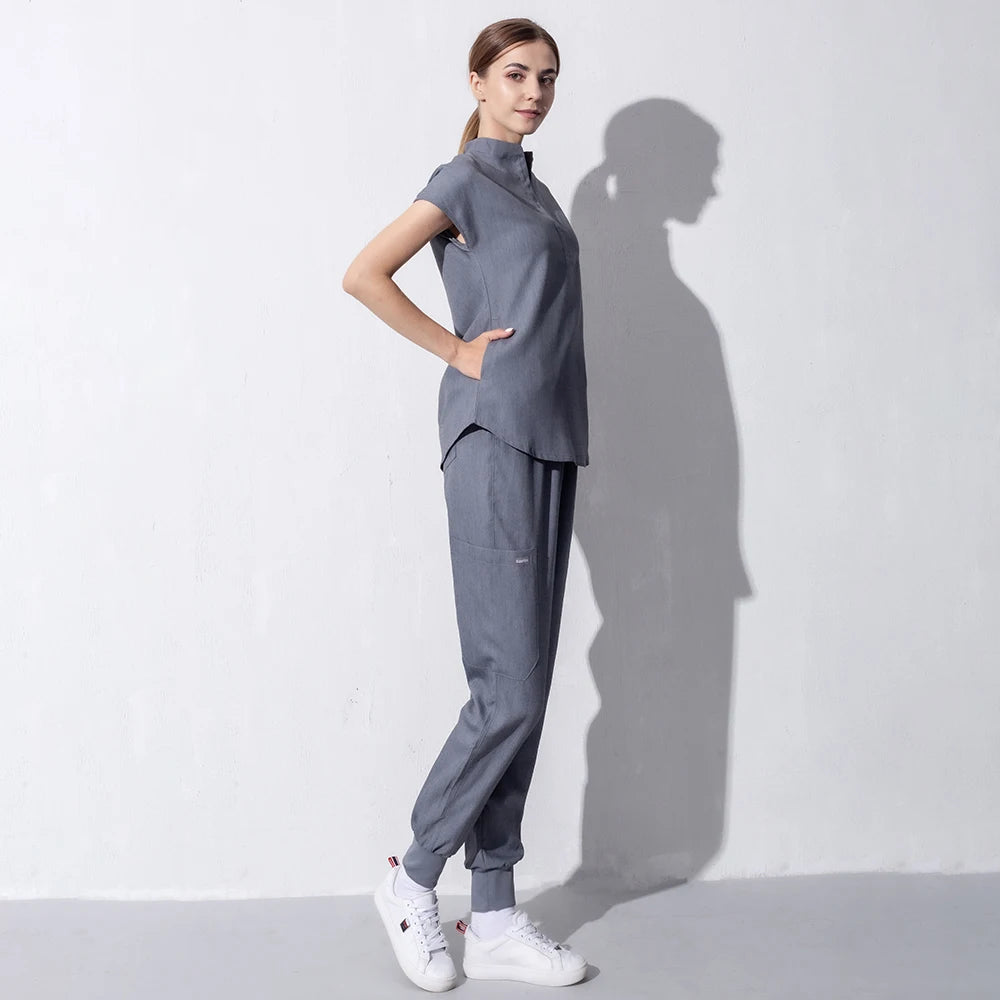 High Quality Denim Gray Scrubs Suits Tooth Check Workwear Spa Uniforms Beautician Scrub Work Suit Wholesale Scrubs Women Uniform