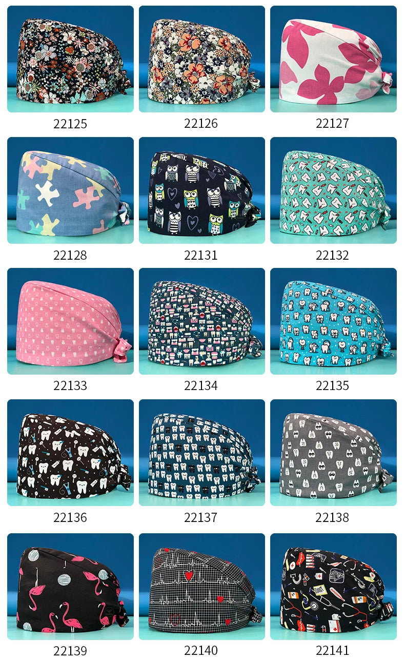 Pill Capsule Pattern Pink Scrubs Cap Female Nurse Medical Clinic Accessories Women's Operating Room Hat with Buttons Cotton Hats