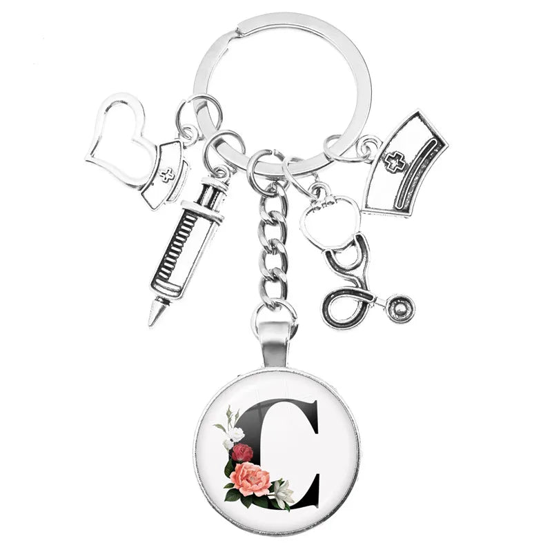 Latest Home Stethoscope Nurse Syringe Keychain A-Z Round Glass Dome Cabochon Pendant Men and Women Fashion Charm Keychain