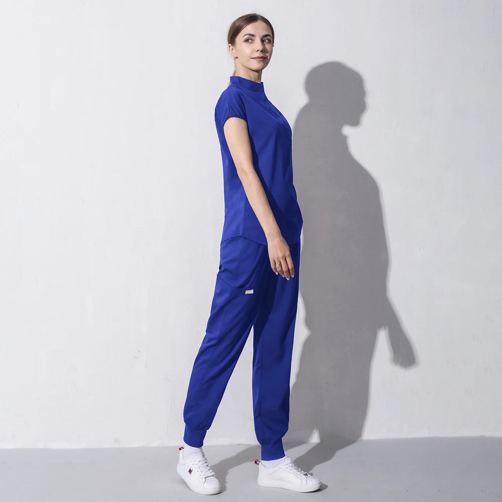 High Quality Denim Gray Scrubs Suits Tooth Check Workwear Spa Uniforms Beautician Scrub Work Suit Wholesale Scrubs Women Uniform
