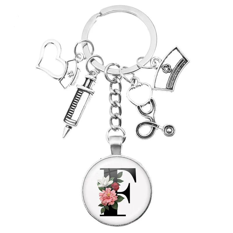 Latest Home Stethoscope Nurse Syringe Keychain A-Z Round Glass Dome Cabochon Pendant Men and Women Fashion Charm Keychain
