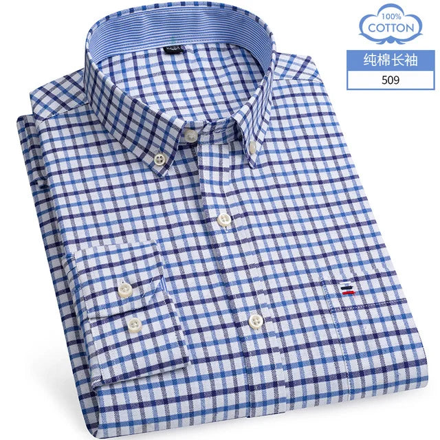 New S-7XLCotton Oxford Shirt For Mens Long Sleeve Plaid Striped Casual Shirts Male Pocket Regular-Fit Button-Down Work Man Shirt