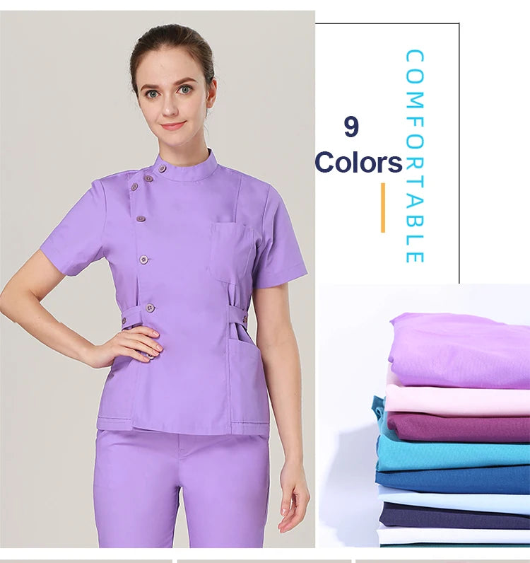 Clearance Scrub Set Uniform Solid Color Workwear Scrubs Uniforms Round Neck Women Men Working Suit Beautician Outfit Top Pant