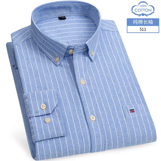 New S-7XLCotton Oxford Shirt For Mens Long Sleeve Plaid Striped Casual Shirts Male Pocket Regular-Fit Button-Down Work Man Shirt