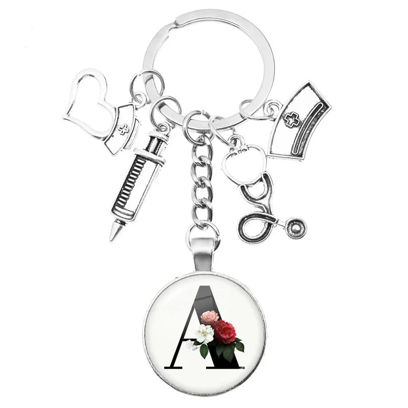 Latest Home Stethoscope Nurse Syringe Keychain A-Z Round Glass Dome Cabochon Pendant Men and Women Fashion Charm Keychain