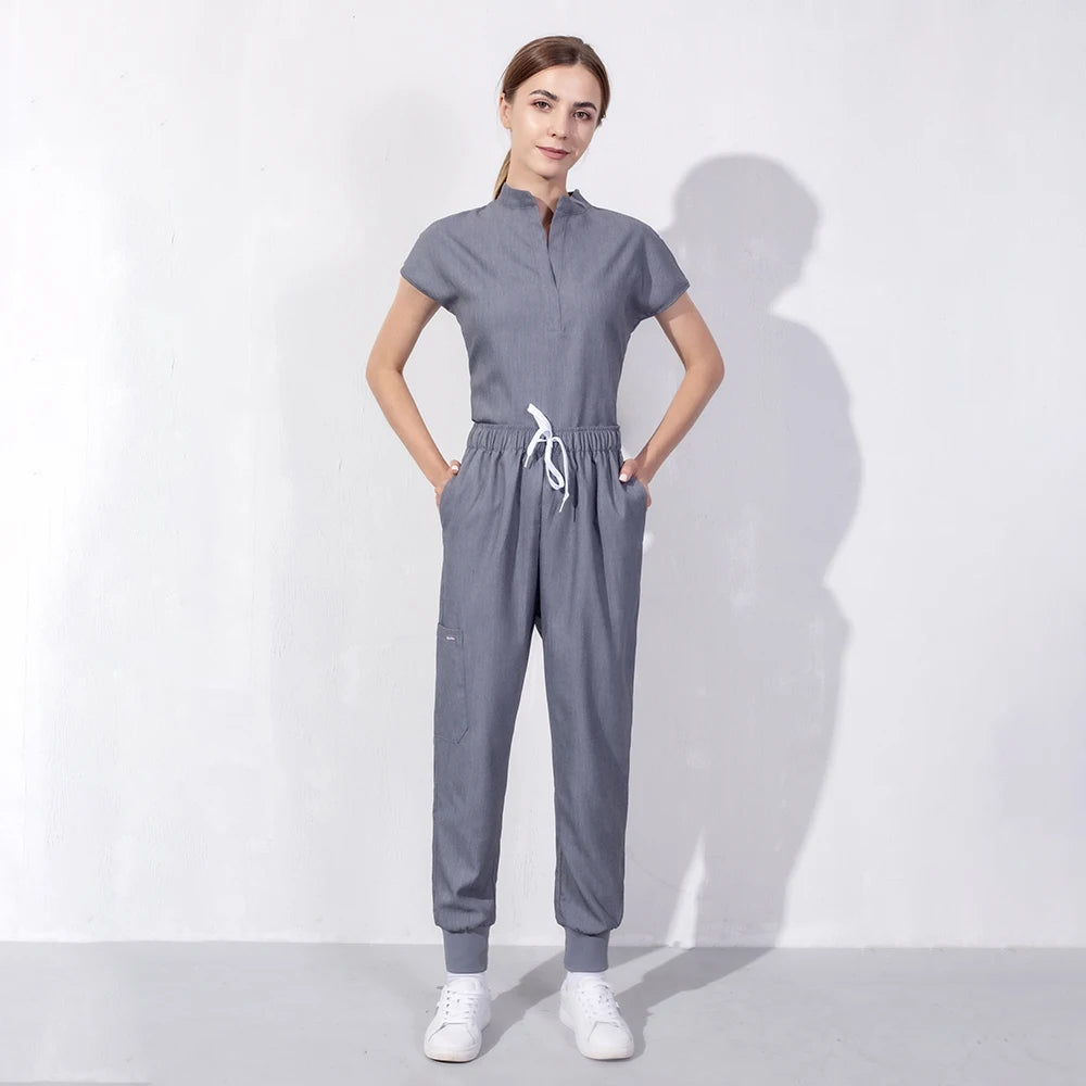 High Quality Denim Gray Scrubs Suits Tooth Check Workwear Spa Uniforms Beautician Scrub Work Suit Wholesale Scrubs Women Uniform