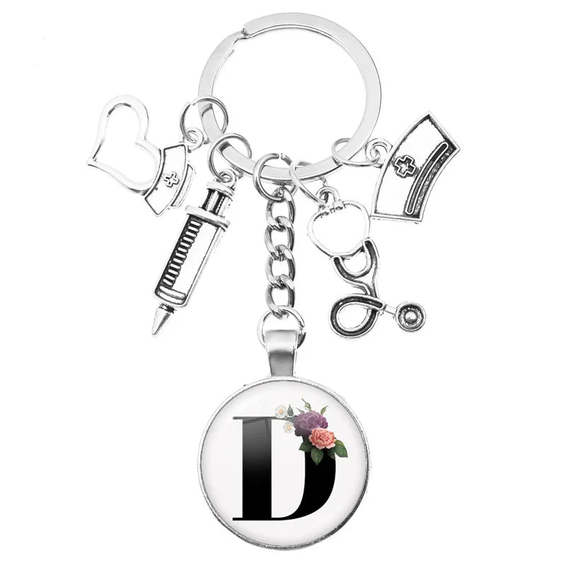 Latest Home Stethoscope Nurse Syringe Keychain A-Z Round Glass Dome Cabochon Pendant Men and Women Fashion Charm Keychain