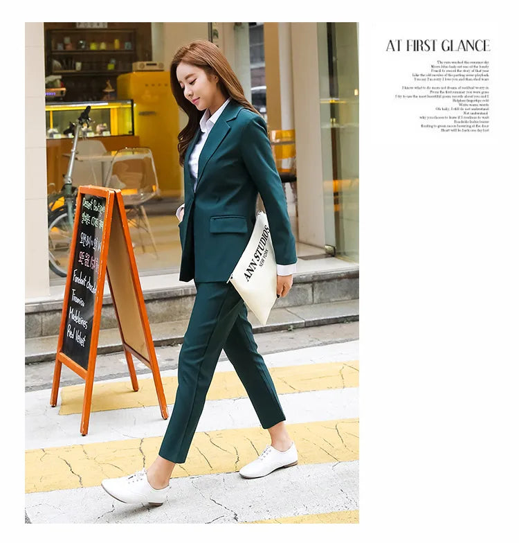 New Arrived Women Suit Fashion Slim Business Office OL Dark Green Jacket Set Formal Blazer + Pants Suits Feminino Female