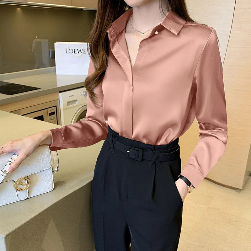 Silk Shirts Women White Shirt Women Long Sleeve Shirts Blouse Satin Silk Blouse Ladies Tops 2023 Fashion Solid Woman Clothing
