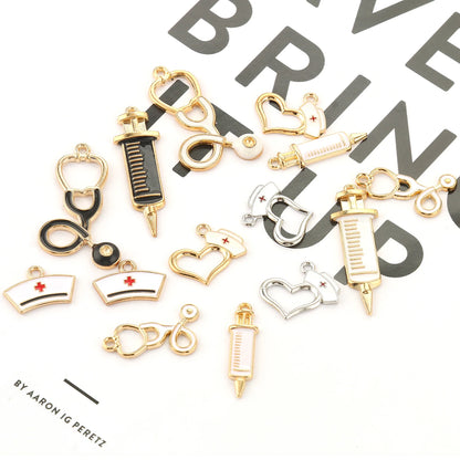 10pcs Nurse Medical Tool Injection Syringe Stethoscope Image Nurse Cap Charm Pendant Necklace Keychain For DIY Jewelry Making