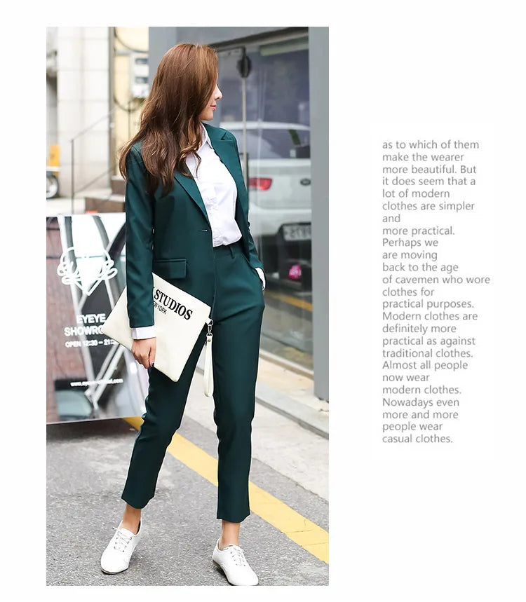 New Arrived Women Suit Fashion Slim Business Office OL Dark Green Jacket Set Formal Blazer + Pants Suits Feminino Female