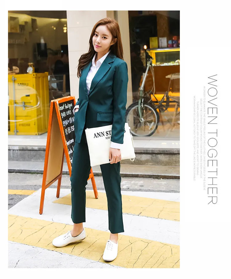 New Arrived Women Suit Fashion Slim Business Office OL Dark Green Jacket Set Formal Blazer + Pants Suits Feminino Female