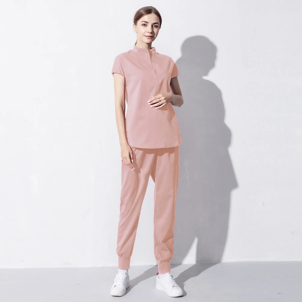 High Quality Denim Gray Scrubs Suits Tooth Check Workwear Spa Uniforms Beautician Scrub Work Suit Wholesale Scrubs Women Uniform