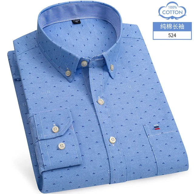 New S-7XLCotton Oxford Shirt For Mens Long Sleeve Plaid Striped Casual Shirts Male Pocket Regular-Fit Button-Down Work Man Shirt