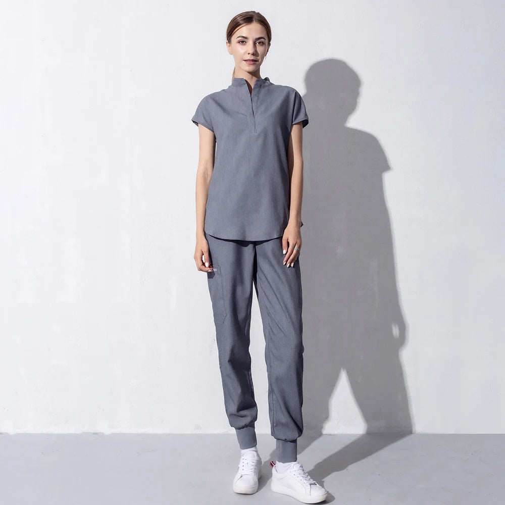 High Quality Denim Gray Scrubs Suits Tooth Check Workwear Spa Uniforms Beautician Scrub Work Suit Wholesale Scrubs Women Uniform