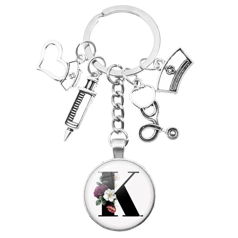 Latest Home Stethoscope Nurse Syringe Keychain A-Z Round Glass Dome Cabochon Pendant Men and Women Fashion Charm Keychain