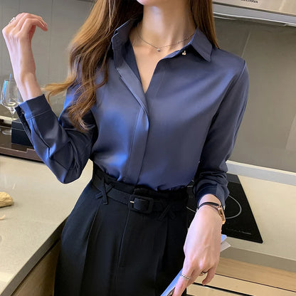 Silk Shirts Women White Shirt Women Long Sleeve Shirts Blouse Satin Silk Blouse Ladies Tops 2023 Fashion Solid Woman Clothing