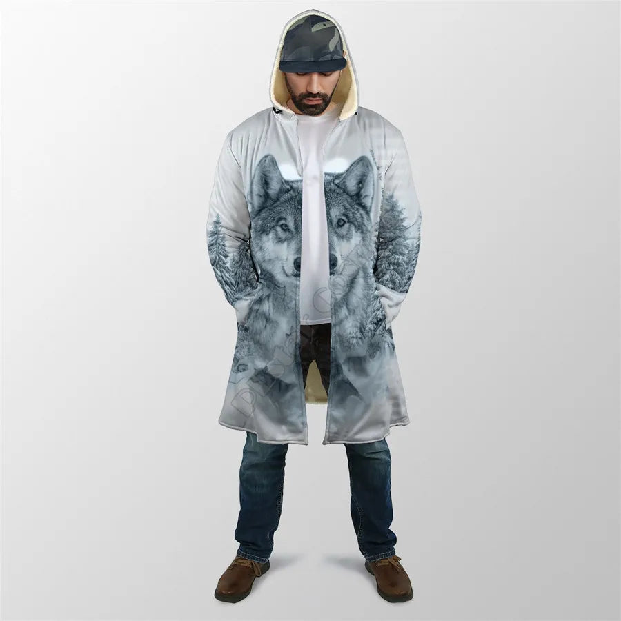 Winter Men For Women Hooded Cloak Beautifull White Wolf 3D All Over Prined Fleece wind breaker Warm Hood cloak