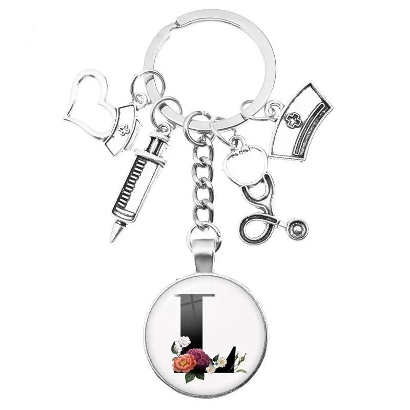 Latest Home Stethoscope Nurse Syringe Keychain A-Z Round Glass Dome Cabochon Pendant Men and Women Fashion Charm Keychain