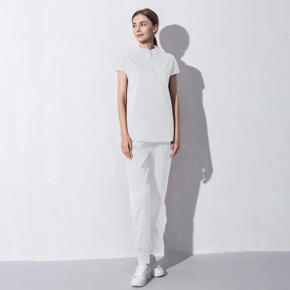 High Quality Denim Gray Scrubs Suits Tooth Check Workwear Spa Uniforms Beautician Scrub Work Suit Wholesale Scrubs Women Uniform