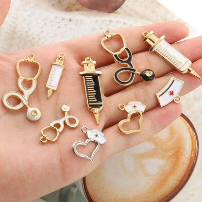 10pcs Nurse Medical Tool Injection Syringe Stethoscope Image Nurse Cap Charm Pendant Necklace Keychain For DIY Jewelry Making