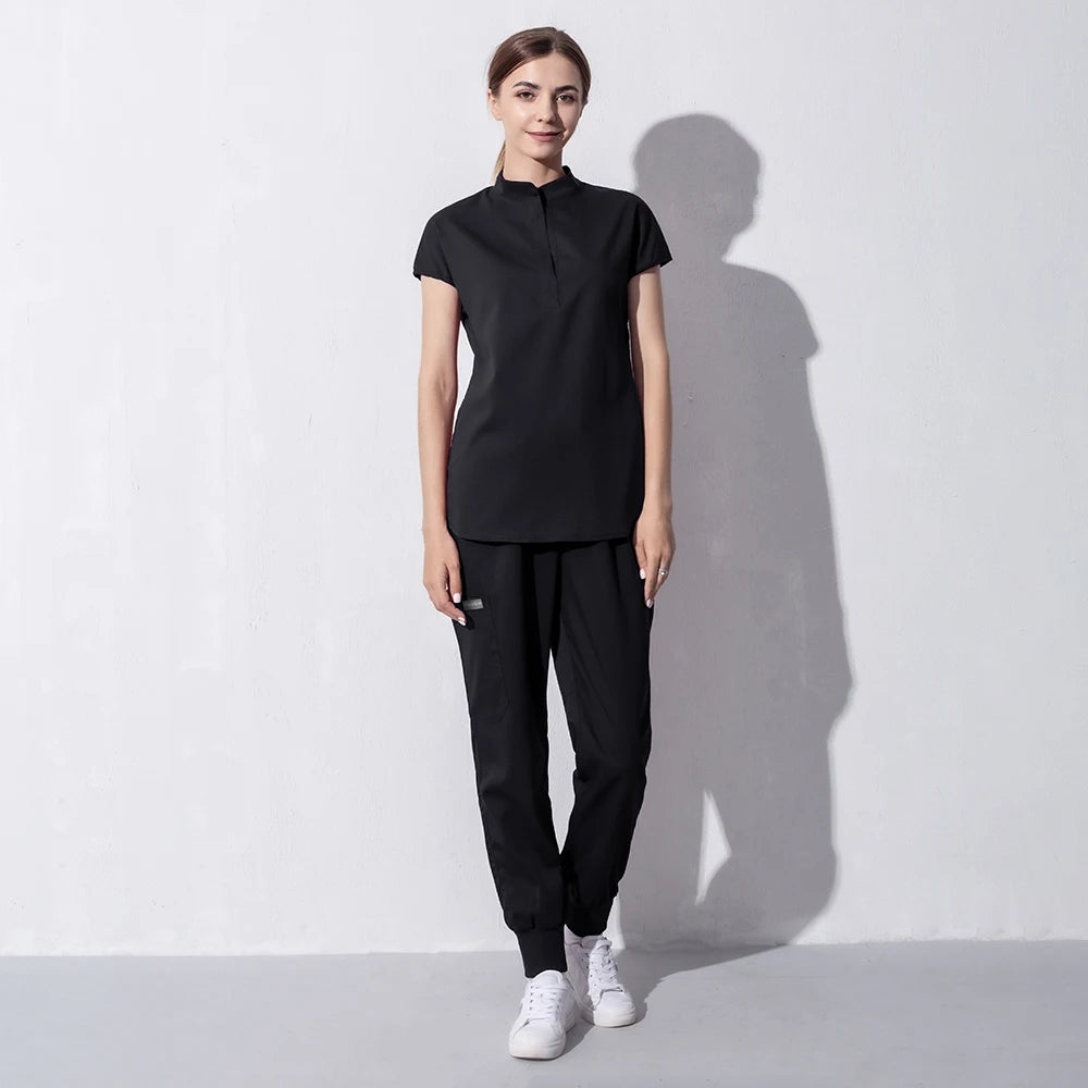 High Quality Denim Gray Scrubs Suits Tooth Check Workwear Spa Uniforms Beautician Scrub Work Suit Wholesale Scrubs Women Uniform
