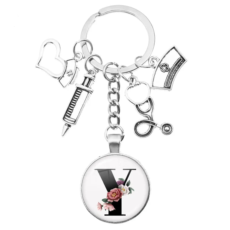 Latest Home Stethoscope Nurse Syringe Keychain A-Z Round Glass Dome Cabochon Pendant Men and Women Fashion Charm Keychain