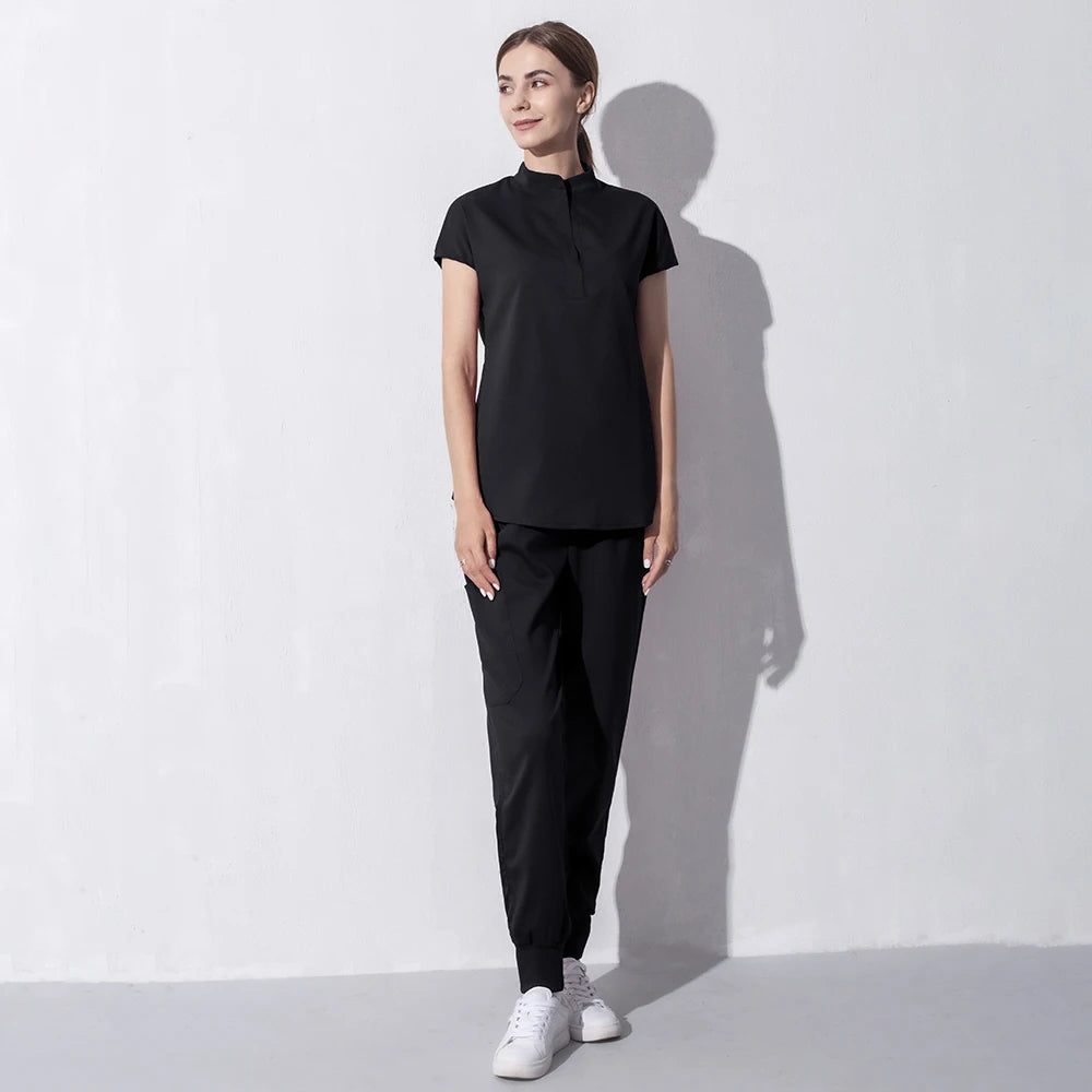 High Quality Denim Gray Scrubs Suits Tooth Check Workwear Spa Uniforms Beautician Scrub Work Suit Wholesale Scrubs Women Uniform