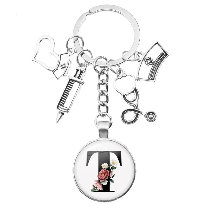 Latest Home Stethoscope Nurse Syringe Keychain A-Z Round Glass Dome Cabochon Pendant Men and Women Fashion Charm Keychain